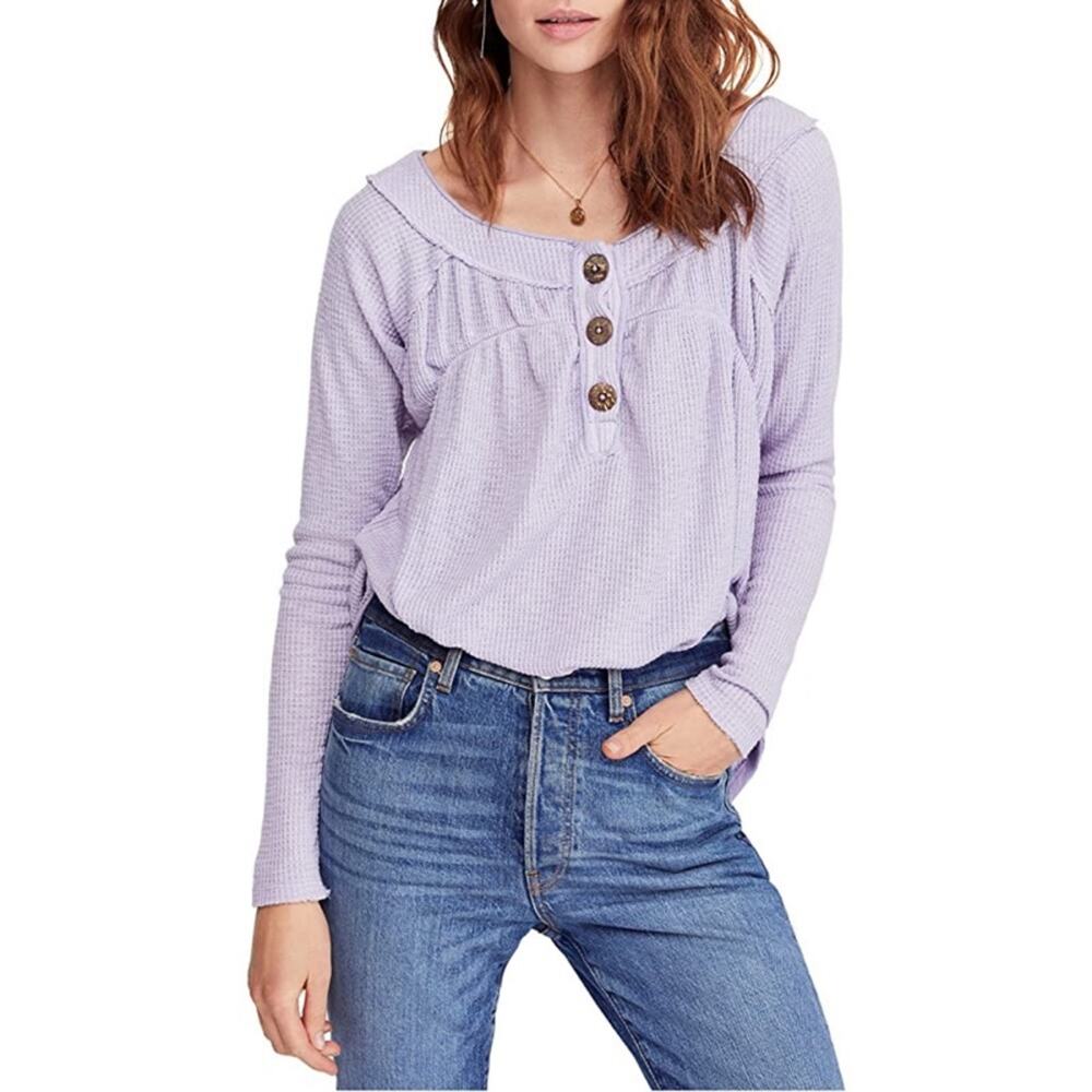 WE THE FREE WOMEN MUST HAVE RIBBED THERMAL HENLEY LILAC CLOUDS TOP SMALL